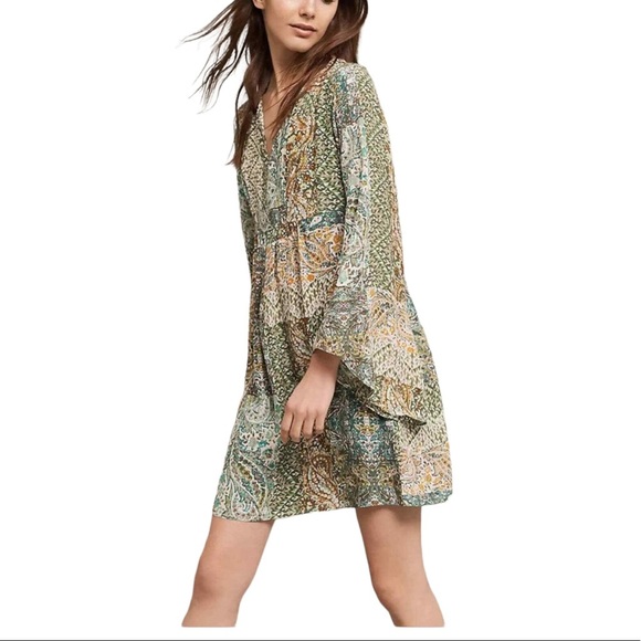 Anthropologie Floreat Green Pattern Angled Sleeve Dress B7 - Picture 2 of 11